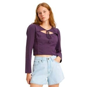 Levi Phoenix Blouse. Front Tie. Purple Check. Cotton. Size XL #792 NWT